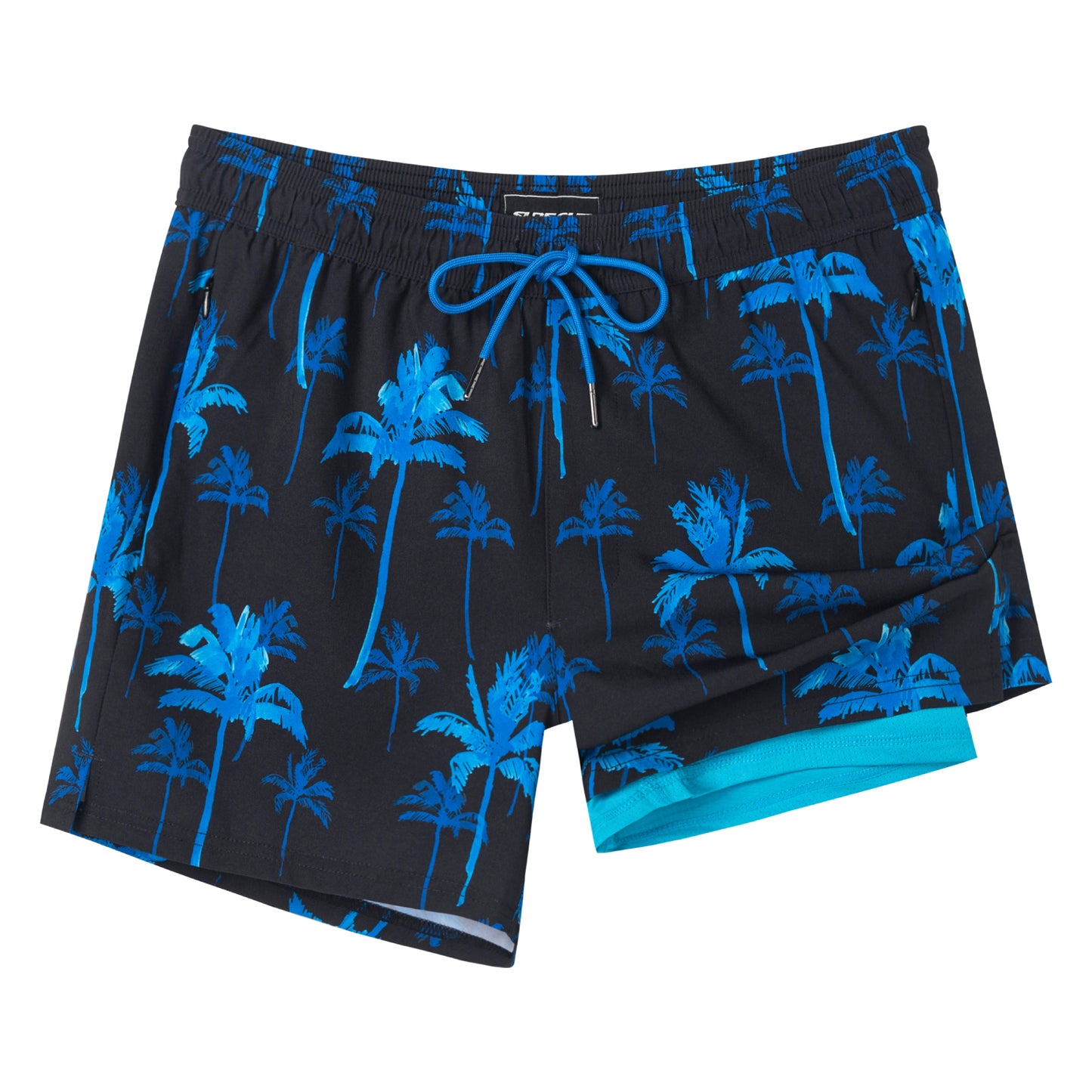 Traje de baño Hombre 2 en 1 - Diseño Palmeras Azules - largo pierna 11.5 cm - color Azul y Negro