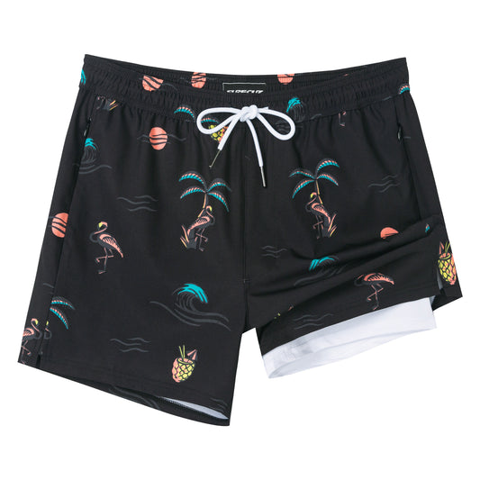 Traje de baño Hombre 2 en 1 - Diseño Motivos Tropicales - largo pierna 11.5 cm - color Negro