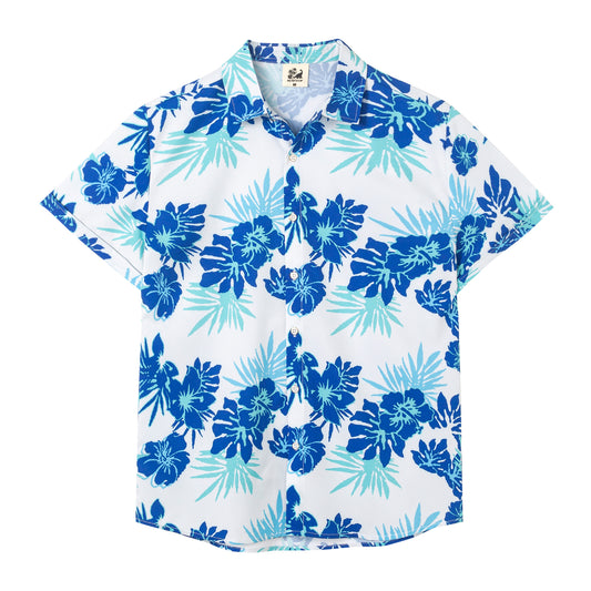 Camisa Guayabera Hombre - Diseño Flores - color Azul y Blanco