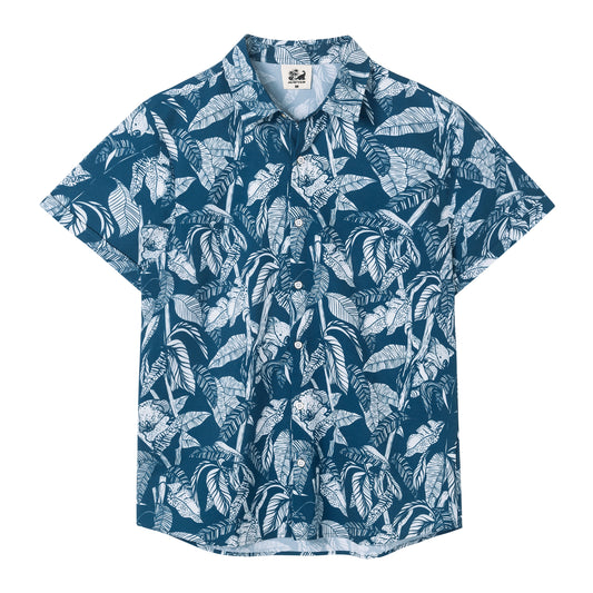 Camisa Guayabera Hombre - Diseño Flores Tropicales - color Azul y Blanco