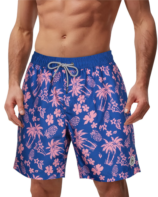 Traje de baño Hombre - Diseño estampado floral hojas rosadas - Secado rápido