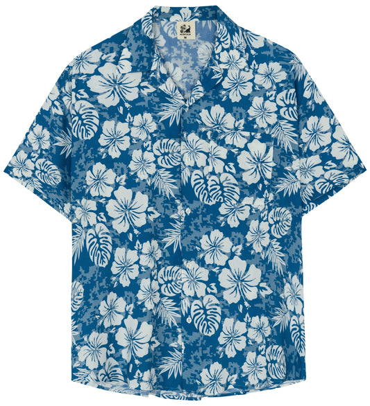 Camisa Guayabera Hombre - Diseño Floral - color Azul y Blanco