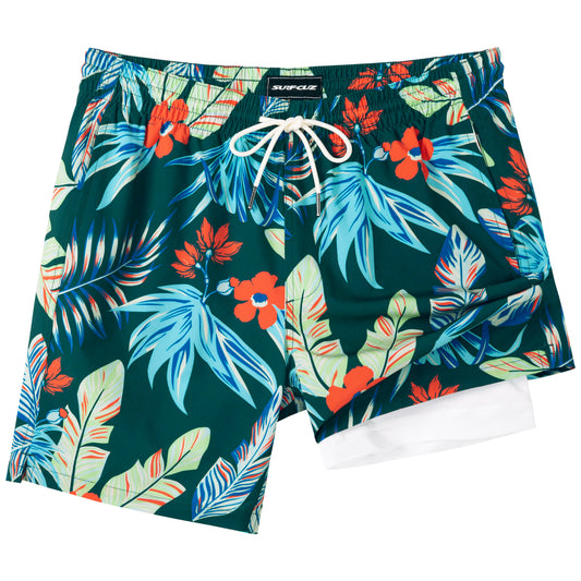 Traje de baño Hombre 2 en 1 - Diseño Tropical - largo pierna 18 cm - color Verde