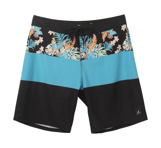 Traje de Baño Hombre estilo Boardshort - Diseño Bloques y Flores - Color Celeste y Negro