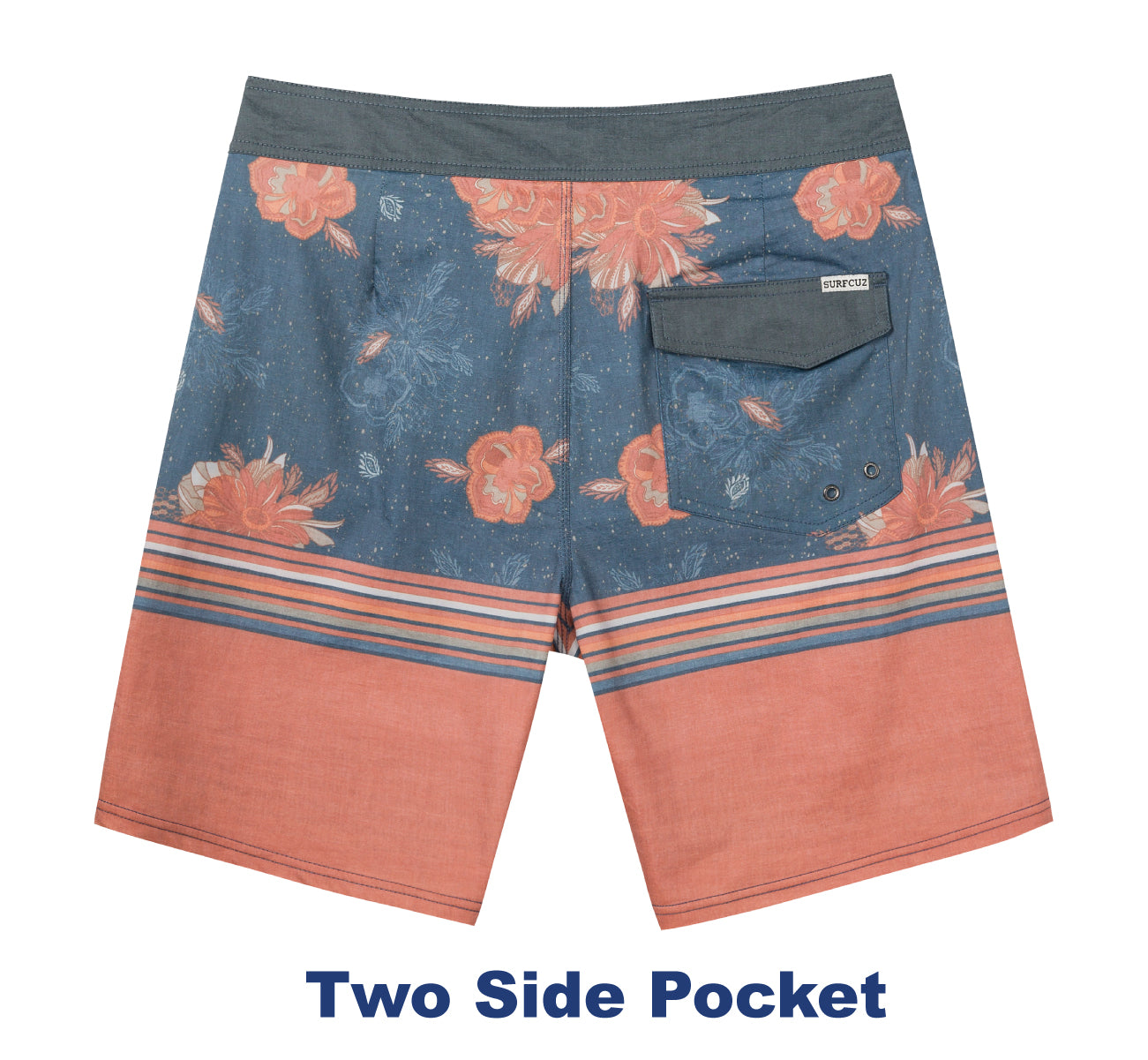 Traje de Baño Hombre estilo Boardshort - Diseño Flores anaranjadas - color Azul y Naranjo