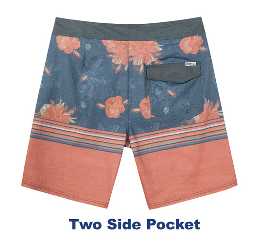 Traje de Baño Hombre estilo Boardshort - Diseño Flores anaranjadas - color Azul y Naranjo