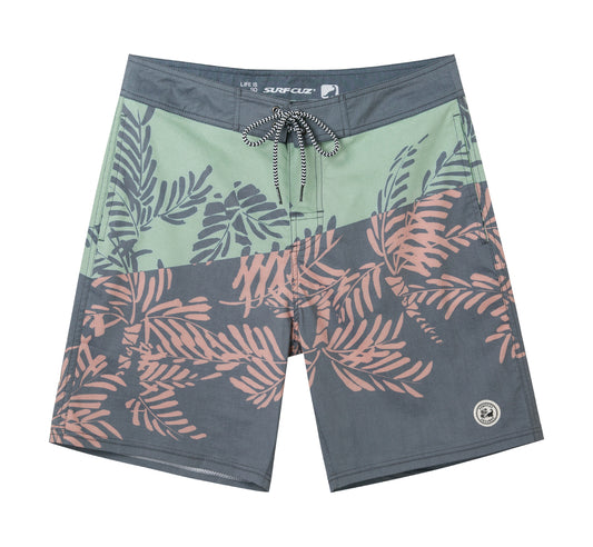 Traje de Baño Hombre estilo Boardshort - Diseño Tropical - Color Verde Menta y Gris