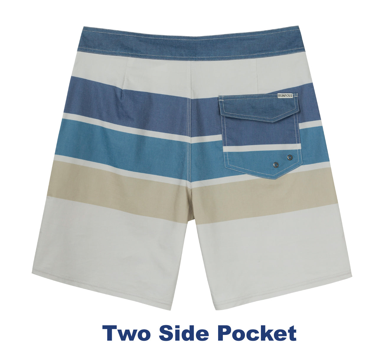 Traje de Baño Hombre estilo Boardshort - Diseño Lineas - Color Beige y Azules